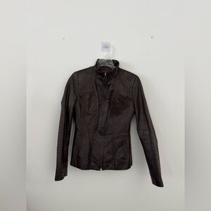 Vintage Brown Funnel Neck French Leather Zip Up Jacket